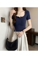Summer Cotton T-shirt Lady Cotton Short-Sleeved T-shirt for Women Half-Open Collar Pure Hot Girl Top Fashion in Navy Blue