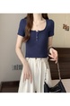 Summer Cotton T-shirt Lady Cotton Short-Sleeved T-shirt for Women Half-Open Collar Pure Hot Girl Top Fashion in Navy Blue