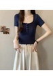 Summer Cotton T-shirt Lady Cotton Short-Sleeved T-shirt for Women Half-Open Collar Pure Hot Girl Top Fashion in Navy Blue