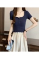 Summer Cotton T-shirt Lady Cotton Short-Sleeved T-shirt for Women Half-Open Collar Pure Hot Girl Top Fashion in Navy Blue