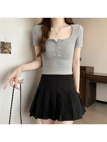 Summer Cotton T-shirt Lady Cotton Short-Sleeved T-shirt for Women Half-Open Collar Pure Hot Girl Top Fashion in Gray