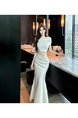 French Pure Sexy Off-Shoulder Acetate Satin A-Line Long Skirt Mesh Splicing Slim Waist Dress for Women in Ivory