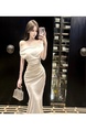 French Pure Sexy Off-Shoulder Acetate Satin A-Line Long Skirt Mesh Splicing Slim Waist Dress for Women in Ivory