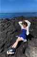 High Quality and Quality! Summer New Retro French Elegant Graceful Pure Desire Hot Girl Stitching High Waist Bubble Dress in Navy Blue