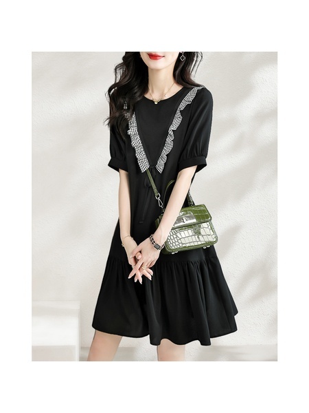Hepburn Wind Black Dress Women's Summer New Loose Slimming and Fashionable Women's Clothing Skirts Elegant Stitching Design Skirt in Black