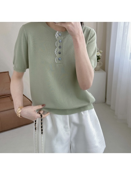 Real Shot of a Large Number of Spot 2025 New Tencel Lace Women's Versatile Round Neck Short-Sleeved Knitted Tops in Green