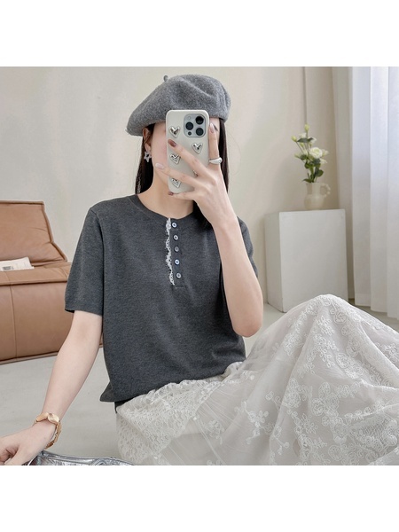 Real Shot of a Large Number of Spot 2025 New Tencel Lace Women's Versatile Round Neck Short-Sleeved Knitted Tops in Gray