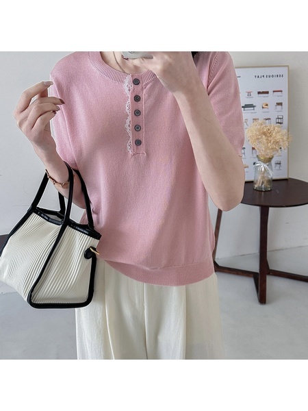 Real Shot of a Large Number of Spot 2025 New Tencel Lace Women's Versatile Round Neck Short-Sleeved Knitted Tops in Pink