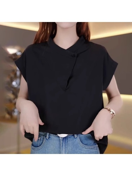 Black Stand Collar Short-Sleeved Shirt for Women 2025 New Summer Age-Reducing Fashionable Loose Slim Design Shirt Tops