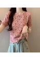 Pink Real Shot Wholesale Price 2025 Summer New Style Small Fresh Gentle Floral Sweet Casual Short-Sleeved Knitted Tops for Women