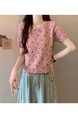 Pink Real Shot Wholesale Price 2025 Summer New Style Small Fresh Gentle Floral Sweet Casual Short-Sleeved Knitted Tops for Women