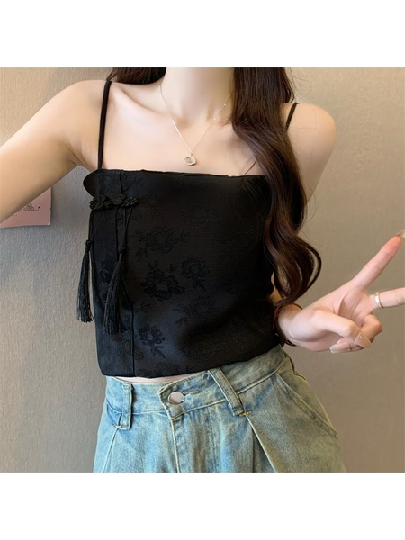 Black Real Shot Wholesale Price 2025 Summer New Sweet Spicy National Style Retro Chinese Knot Design Camisole with Chest Pad