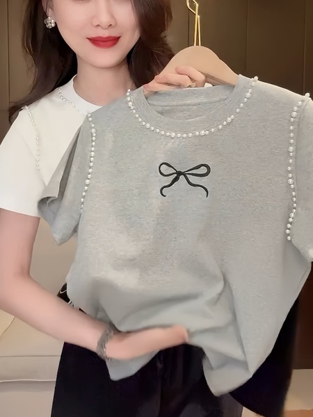 Gray Heavy Industry Beaded Bowknot Short Sleeve T-shirt Women 2025 Summer New Slim Fit Fashionable Round Neck Top