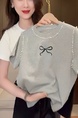 Gray Heavy Industry Beaded Bowknot Short Sleeve T-shirt Women 2025 Summer New Slim Fit Fashionable Round Neck Top