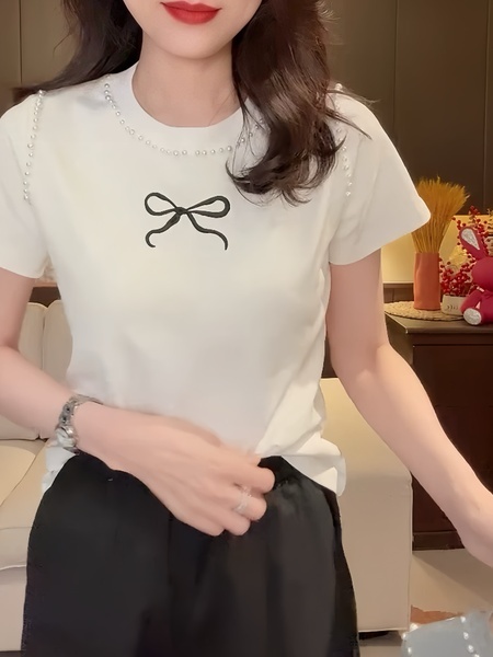 White Heavy Industry Beaded Bowknot Short Sleeve T-shirt Women 2025 Summer New Slim Fit Fashionable Round Neck Top