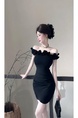 Real Shot of the New 2025 Summer Celebrity Temperament Sexy One-Shoulder Tube Top Flower High-End Black Hip Skirt