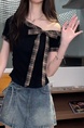 Original Style Sweet Striped Short-Sleeved T-shirt Women's Summer Bow T-shirt Slimming and Shoulder Hollow Top in Black with Plaid Accents