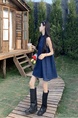 Real Shot Cost-Effective Retro Blue Halter Denim Dress Summer Elegant Slimming Loose Off-Shoulder Camisole Short Skirt in Dark Blue