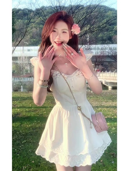 Tea Break French First Love Pure Desire White Dress Female Flower World Petite Gentle A-Line Short Skirt Lace Skirt in Cream
