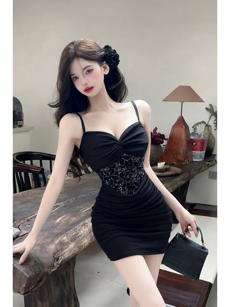 Real Shot Lace Splicing Sling Dress Summer Waist Trimming Short Slim Fit Pure Want to Wrap Hip in Black