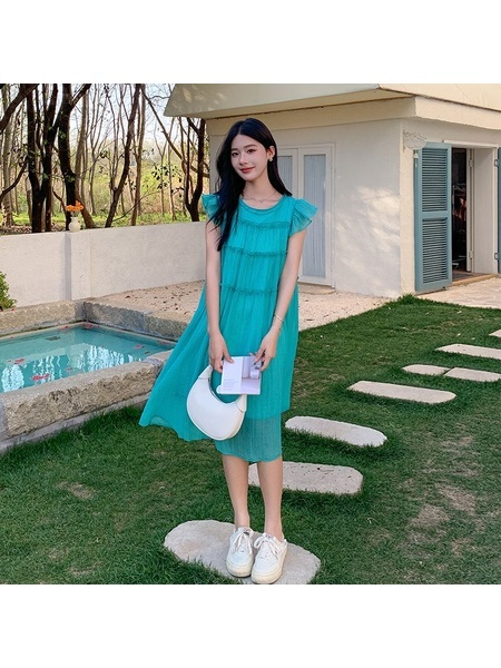 Original Fabric! Lake Blue Flying Sleeve Sling Dress Female Spring and Summer Dopamine Sanya Seaside Vacation Beach in Aqua