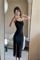 Real Shot of Black Three-Dimensional Flower Suspender Dress for Women, Slim Dress, Long Skirt, Pure Desire, Waist-Length Slit Hip Skirt
