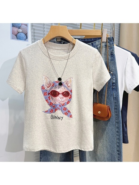 Real Shot Printed Gray Short-Sleeved T-shirt for Women Summer 2025 New Korean Style Casual Loose Round Neck Half Sleeve T-shirt Top Clothes