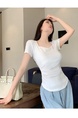 Real Shot Hot Girl Pleated Slim-Fit White Heart Collar Short Sleeve T-shirt Women's Summer Pure Desire Shoulder Solid Color Collarbone Sweet and Spicy Top