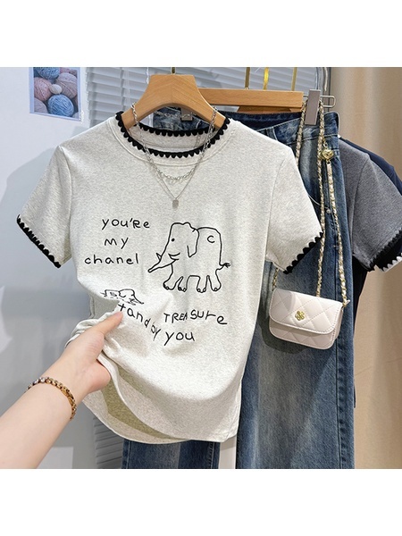 Real Shot Heavy Industry Manual Crocheted Short-Sleeved T-shirt Women's Summer Simple Pen Elephant Embroidered T-shirt Western Style Shoulder Clothes in Light Gray