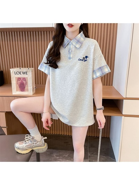 Real Shot of Pure Cotton Original Workmanship 2025 Summer New POLO Collar College Style Short-Sleeved T-shirt for Women in Light Gray