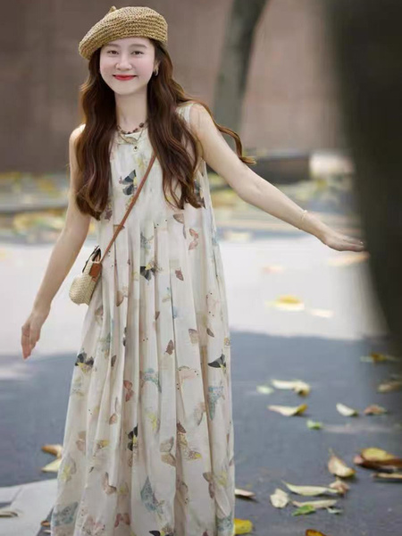 Cream Butterfly Vest Dress Niche Design 2025 New Spring and Summer Clothing Retro and Hipster Style New Guo Feng Long Dress