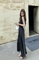 Black Real Shot 2025 Spring/Summer New Design Sense V-neck Draping Satin Dress Women's Waist-Tight Slimming Lace-up Dress