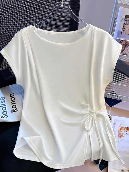 Ivory Real Shot Lace-up Shoulder Short-Sleeved T-shirt Women's Summer 2025 Design Sense Waist Trimming Lace-up Split Chic Top Ins