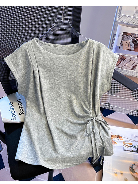 Gray Real Shot Lace-up Shoulder Short-Sleeved T-shirt Women's Summer 2025 Design Sense Waist Trimming Lace-up Split Chic Top Ins