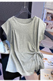Gray Real Shot Lace-up Shoulder Short-Sleeved T-shirt Women's Summer 2025 Design Sense Waist Trimming Lace-up Split Chic Top Ins