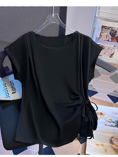 Black Real Shot Lace-up Shoulder Short-Sleeved T-shirt Women's Summer 2025 Design Sense Waist Trimming Lace-up Split Chic Top Ins
