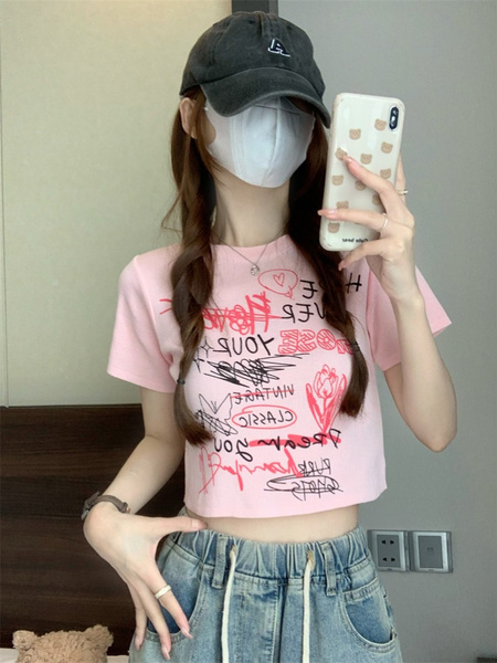 Pink Real Shot Wholesale Price Retro American BF Style Street Graffiti Design Sense Slim Fit Versatile Round Neck Short-Sleeved Tops for Women