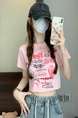 Pink Real Shot Wholesale Price Retro American BF Style Street Graffiti Design Sense Slim Fit Versatile Round Neck Short-Sleeved Tops for Women