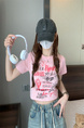 Pink Real Shot Wholesale Price Retro American BF Style Street Graffiti Design Sense Slim Fit Versatile Round Neck Short-Sleeved Tops for Women