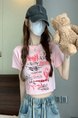 Pink Real Shot Wholesale Price Retro American BF Style Street Graffiti Design Sense Slim Fit Versatile Round Neck Short-Sleeved Tops for Women