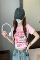 Pink Real Shot Wholesale Price Retro American BF Style Street Graffiti Design Sense Slim Fit Versatile Round Neck Short-Sleeved Tops for Women