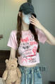 Pink Real Shot Wholesale Price Retro American BF Style Street Graffiti Design Sense Slim Fit Versatile Round Neck Short-Sleeved Tops for Women