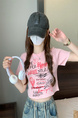 Pink Real Shot Wholesale Price Retro American BF Style Street Graffiti Design Sense Slim Fit Versatile Round Neck Short-Sleeved Tops for Women