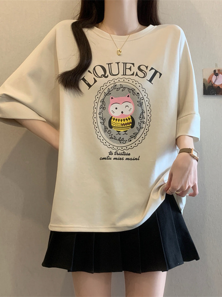 Beige Real Shot of the New 2025 Summer Korean Style Personalized Versatile Printing Age-Reducing Loose Casual Short-Sleeved T-Shirt for Women with Large Size Trend