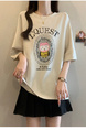 Beige Real Shot of the New 2025 Summer Korean Style Personalized Versatile Printing Age-Reducing Loose Casual Short-Sleeved T-Shirt for Women with Large Size Trend