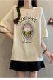 Beige Real Shot of the New 2025 Summer Korean Style Personalized Versatile Printing Age-Reducing Loose Casual Short-Sleeved T-Shirt for Women with Large Size Trend
