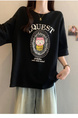 Black Real Shot of the New 2025 Summer Korean Style Personalized Versatile Printing Age-Reducing Loose Casual Short-Sleeved T-Shirt for Women with Large Size Trend