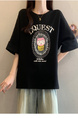 Black Real Shot of the New 2025 Summer Korean Style Personalized Versatile Printing Age-Reducing Loose Casual Short-Sleeved T-Shirt for Women with Large Size Trend