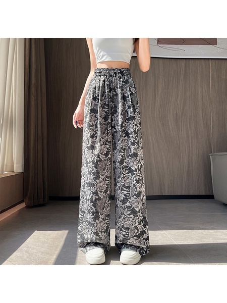 Black and White Real Shot Ice Silk Satin Printed Wide-Leg Pants Women's Summer Thin and All-Matching Slimming Drape Leisure Air Conditioning Sun-Proof Trousers - Black and White