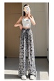 Black and White Real Shot Ice Silk Satin Printed Wide-Leg Pants Women's Summer Thin and All-Matching Slimming Drape Leisure Air Conditioning Sun-Proof Trousers - Black and White